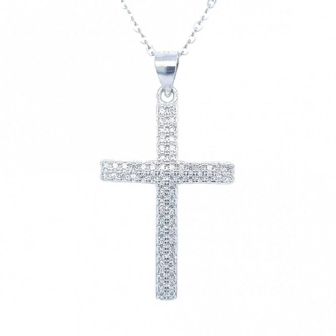 Faith Sterling Silver Sterling Silver Claw Set Double CZ Rows Cross Necklace 27x18mm, 16-18