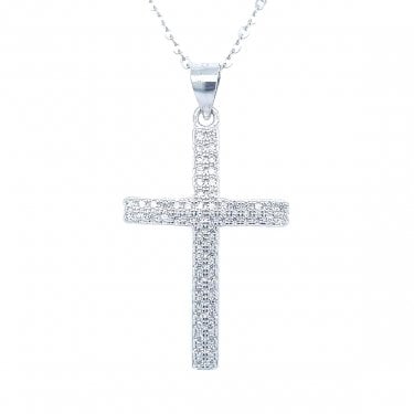 Sterling Silver Claw Set Double CZ Rows Cross Necklace 27x18mm, 16-18"