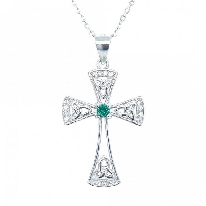 Faith Sterling Silver Sterling Silver Cross with 4 Trinity Symbols & Single Green CZ Necklace 25x17mm, 16-18