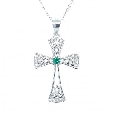 Sterling Silver Cross with 4 Trinity Symbols & Single Green CZ Necklace 25x17mm, 16-18"