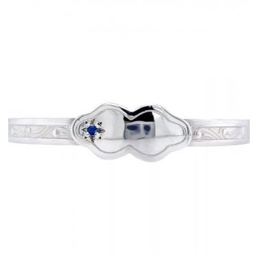 Sterling Silver Curved ID Plate with Blue CZ Patterned Baby Bangle 0.9cm, 4.5-6cm 