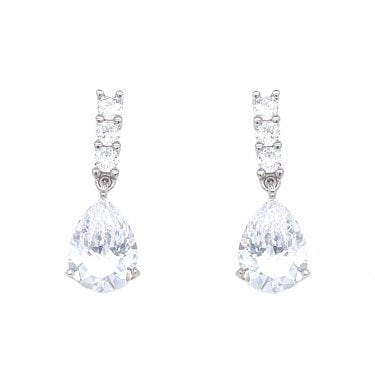 Sterling Silver CZ 3 Round Brilliant & Pear Cut Drop Earrings 24x8mm