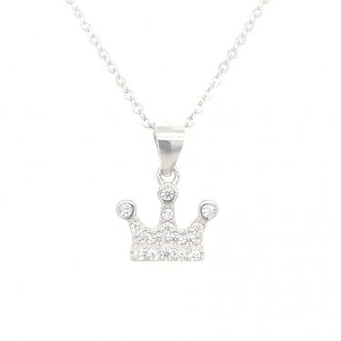 Sterling Silver CZ 3 Rubover Stone Points Crown Necklace 8x11mm, 16-18"