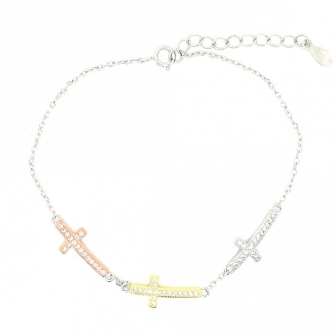 Faith Sterling Silver Sterling Silver CZ 3 Tone Sideways Crosses in Fine Belcher Link Bracelet 16.5+4cm
