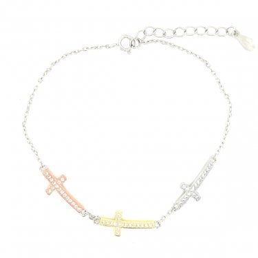 Sterling Silver CZ 3 Tone Sideways Crosses in Fine Belcher Link Bracelet 16.5+4cm