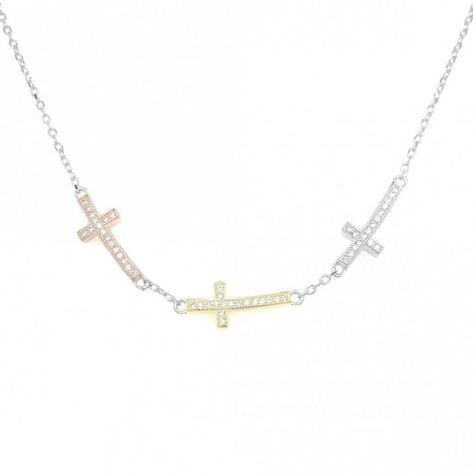 Faith Sterling Silver Sterling Silver CZ 3 Tone Sideways Crosses in Fine Belcher Link Necklace 39.5+3cm