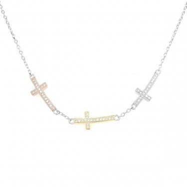 Sterling Silver CZ 3 Tone Sideways Crosses in Fine Belcher Link Necklace 39.5+3cm