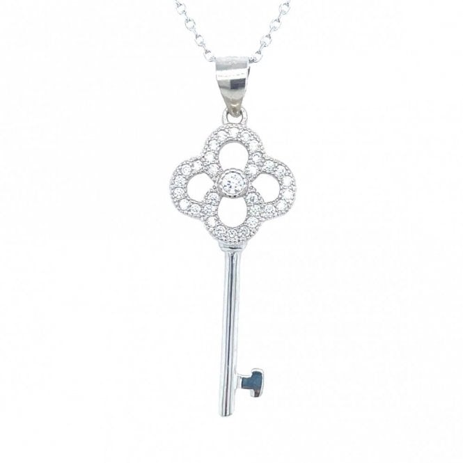 Faith Sterling Silver Sterling Silver CZ 4 Loop Top & Plain Bottom Key Necklace 30x12mm, 16-18