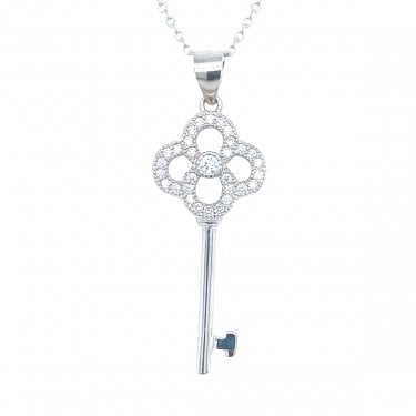 Sterling Silver CZ 4 Loop Top & Plain Bottom Key Necklace 30x12mm, 16-18"