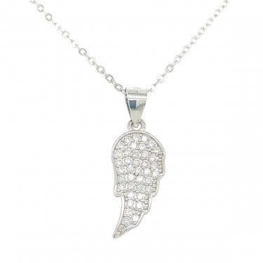 Sterling Silver CZ Angel Wing Necklace 16x8mm, 16-18" 