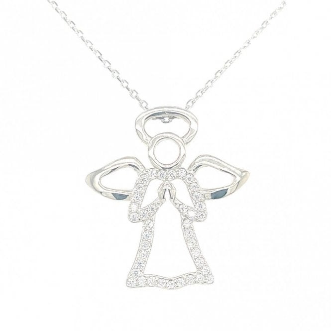 Faith Sterling Silver Sterling Silver CZ Angel with Halo Necklace 23x20mm, 16-18