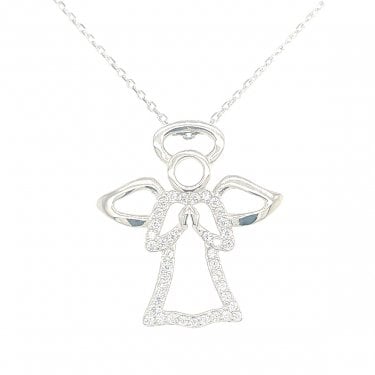 Sterling Silver CZ Angel with Halo Necklace 23x20mm, 16-18"