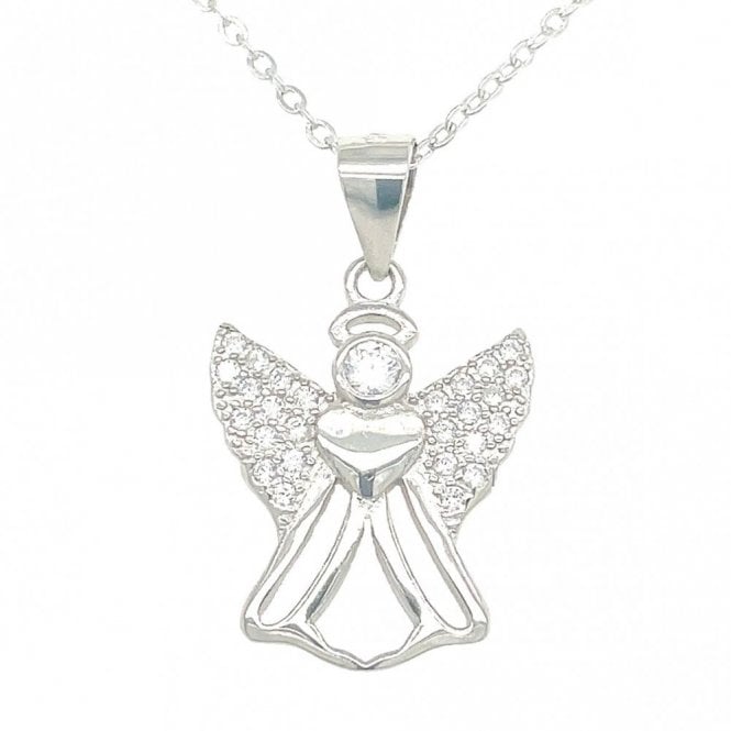 Faith Sterling Silver Sterling Silver CZ Angel with Heart Centre Necklace 14mm, 16-18