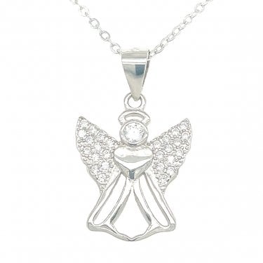 Sterling Silver CZ Angel with Heart Centre Necklace 14mm, 16-18"