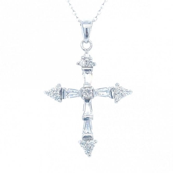 Faith Sterling Silver Sterling Silver CZ Baguette Fancy Cross Necklace 29mm, 16-18