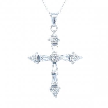 Sterling Silver CZ Baguette Fancy Cross Necklace 29mm, 16-18"