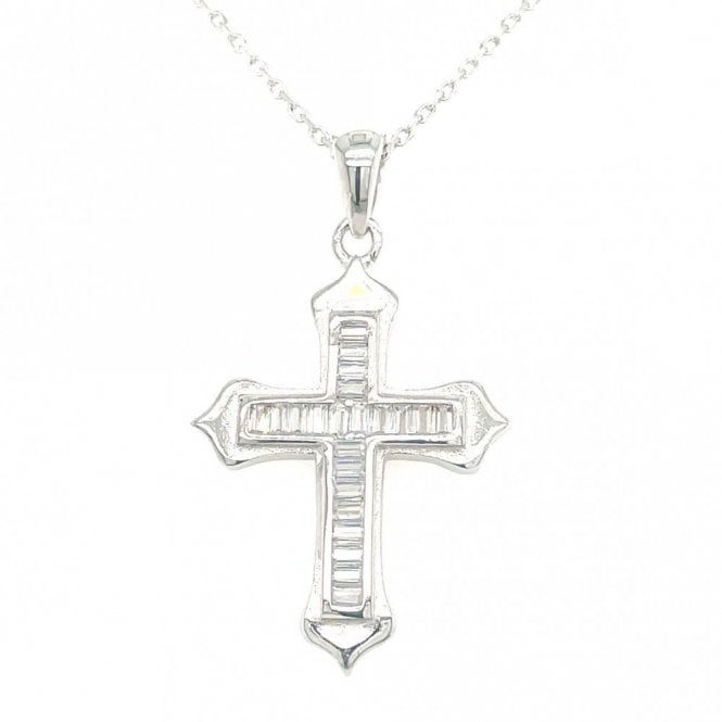 Faith Sterling Silver Sterling Silver CZ Baguette with Plain Edges Cross Necklace 24x18mm, 16-18
