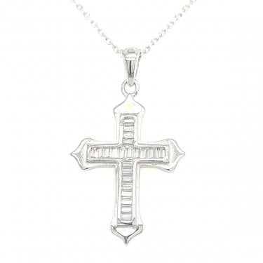 Sterling Silver CZ Baguette with Plain Edges Cross Necklace 24x18mm, 16-18"