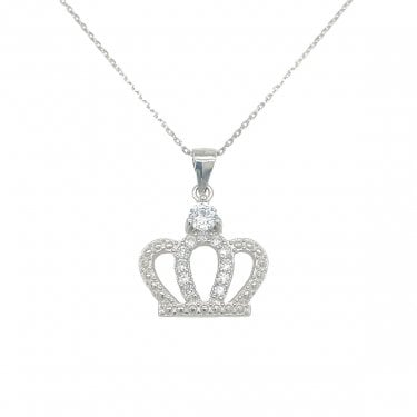 Sterling Silver CZ Beaded Edge Crown Necklace 17x15mm, 16-18"