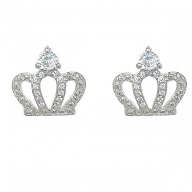 Sterling Silver CZ Beaded Edge Crown Stud Earrings 11x12mm