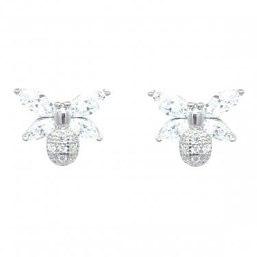Sterling Silver CZ Bee with Wings Stud Earrings 10x8mm