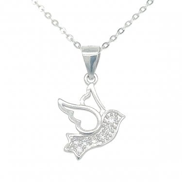 Sterling Silver CZ Bird Necklace 15x13mm, 16-18" 