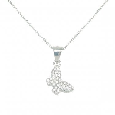 Sterling Silver CZ Butterfly Necklace 10mm, 16-18" 