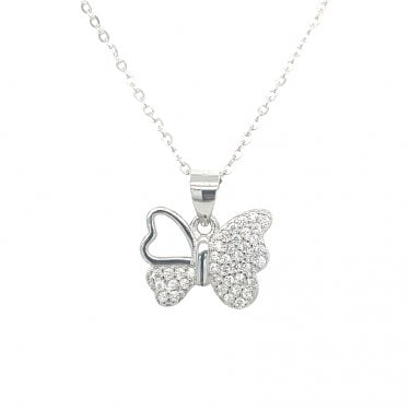 Sterling Silver CZ Butterfly with Open Wing Necklace 11x14mm, 16-18"