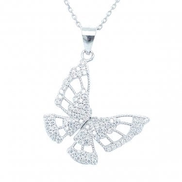 Sterling Silver CZ Butterfly with Webbed Style Wings Necklace 23mm, 16-18"