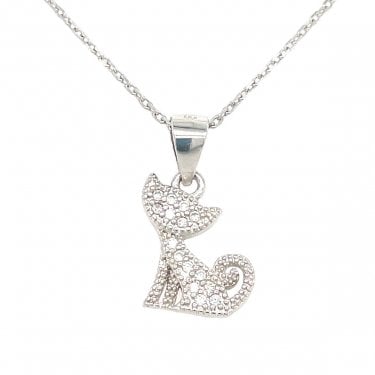 Sterling Silver CZ Cat Necklace 11mm, 16-18" 