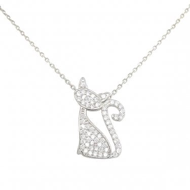 Sterling Silver CZ Cat Necklace 18x13mm, 16-18"