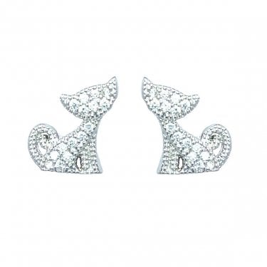 Sterling Silver CZ Cat Stud Earrings 9x9mm