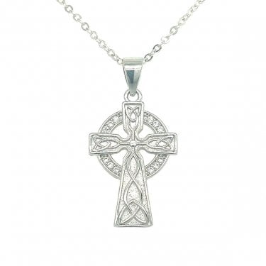 Sterling Silver CZ Celtic Cross Necklace 20x13mm, 16-18" 