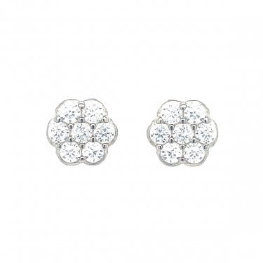 Sterling Silver CZ Centre 6 Petal Flower with Rubover Edge Stud Earrings 7x7mm