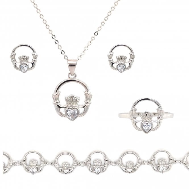 Faith Sterling Silver Sterling Silver CZ Claddagh Necklace, Earrings, Bracelet & Ring Set 1.4 x 1.5cm, 16-18