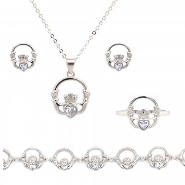 Sterling Silver CZ Claddagh Necklace, Earrings, Bracelet & Ring Set 1.4 x 1.5cm, 16-18", 1 x 1cm, 1.1cm, 17.5-22cm