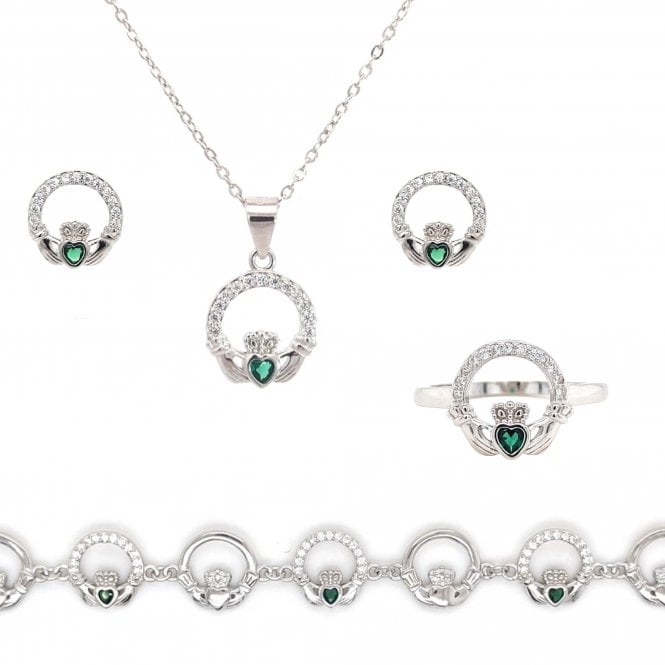 Faith Sterling Silver Sterling Silver CZ Claddagh with Green CZ Centre Necklace, Earrings, Bracelet & Ring Set 1.1 x 1.2cm, 16-18