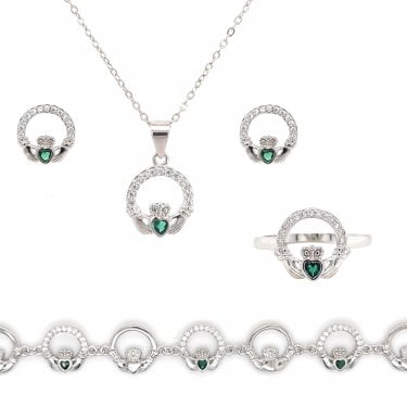 Sterling Silver CZ Claddagh with Green CZ Centre Necklace, Earrings, Bracelet & Ring Set 1.1 x 1.2cm, 16-18", 0.9 x 1cm, 1.2cm, 18-22cm