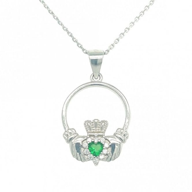 Faith Sterling Silver Sterling Silver CZ Claddagh with Green Stone Necklace 18x15mm, 16-18