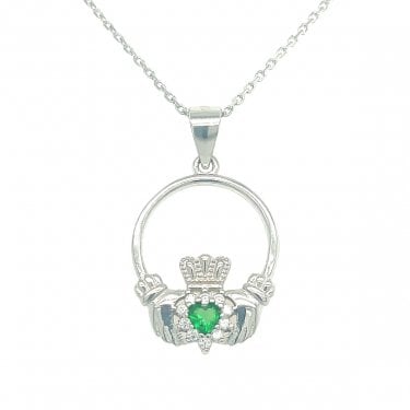 Sterling Silver CZ Claddagh with Green Stone Necklace 18x15mm, 16-18" 