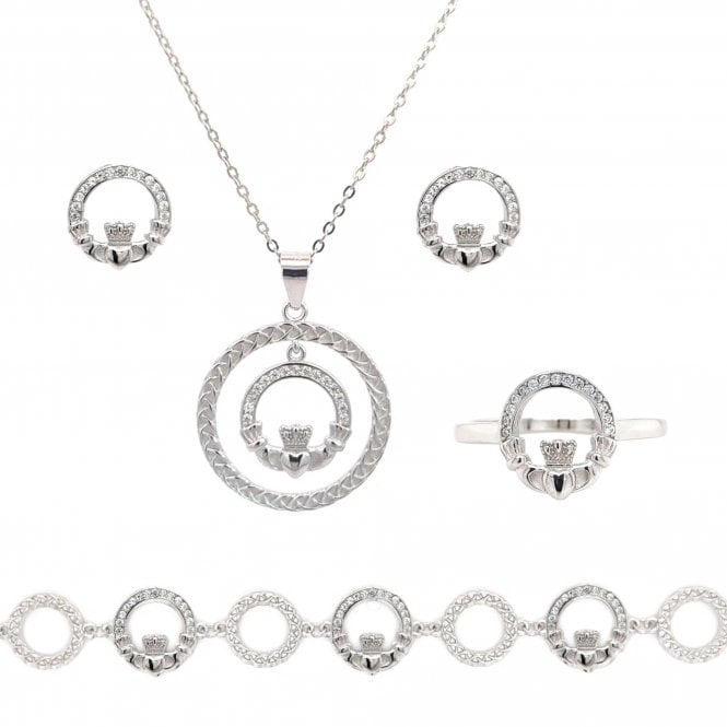 Faith Sterling Silver Sterling Silver CZ Claddagh with Woven Detail Necklace, Earrings, Bracelet & Ring Set 2.1 x 2cm, 16-18