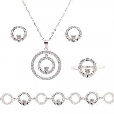 Sterling Silver CZ Claddagh with Woven Detail Necklace, Earrings, Bracelet & Ring Set 2.1 x 2cm, 16-18", 1.1 x 1.1cm, 1.1cm, 17.5-21cm 