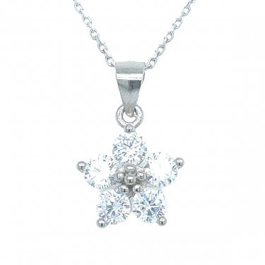 Sterling Silver CZ Claw Set 5 Petal Flower Necklace 11mm, 16-18"