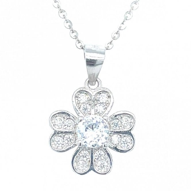 Faith Sterling Silver Sterling Silver CZ Claw Set Centre with 4 Pave Rubover Edge Split Petals Necklace 19mm, 16-18