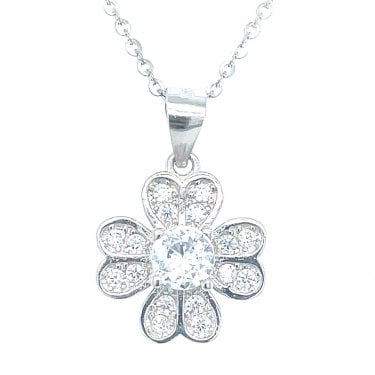 Sterling Silver CZ Claw Set Centre with 4 Pave Rubover Edge Split Petals Necklace 19mm, 16-18"