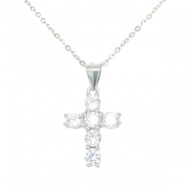 Sterling Silver CZ Claw Set Cross Necklace 15x12mm, 16-18" 