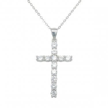 Sterling Silver CZ Claw Set Cross Necklace 26x17mm, 16-18"