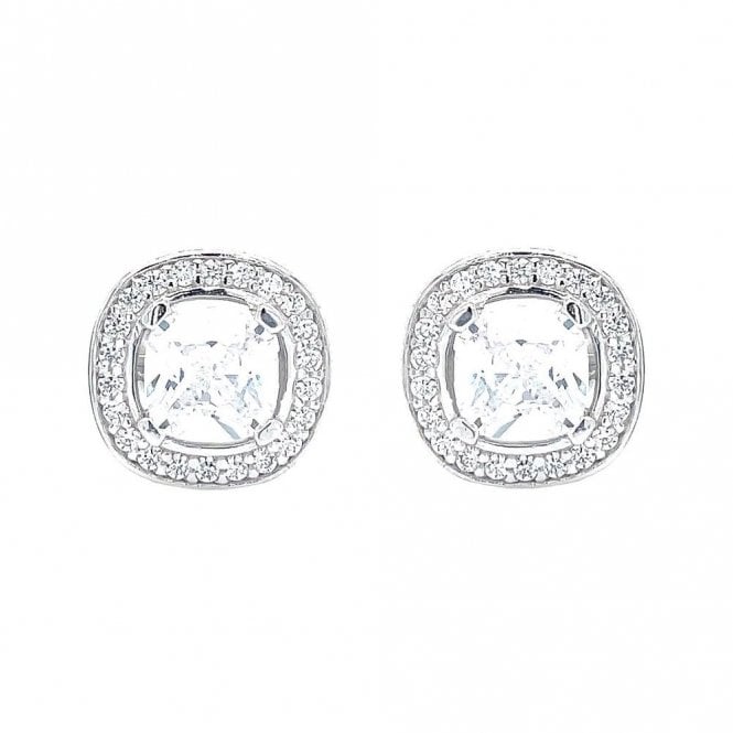 Faith Sterling Silver Sterling Silver CZ Claw Set Cushion Centre with Cushioned Rubover Edge Halo Stud Earrings 11x11mm