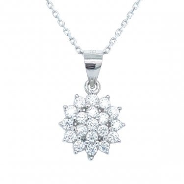 Sterling Silver CZ Claw Set Flower Cluster Necklace 11mm, 16-18"