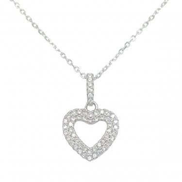 Sterling Silver CZ Claw Set Open Heart Necklace 12x18mm, 16-18" 